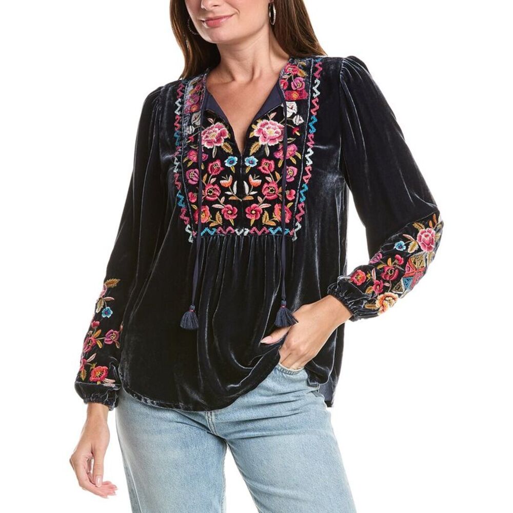 Johnny Was Womens  Curved Hem Prairie Silk-Blend Blouse, Blue